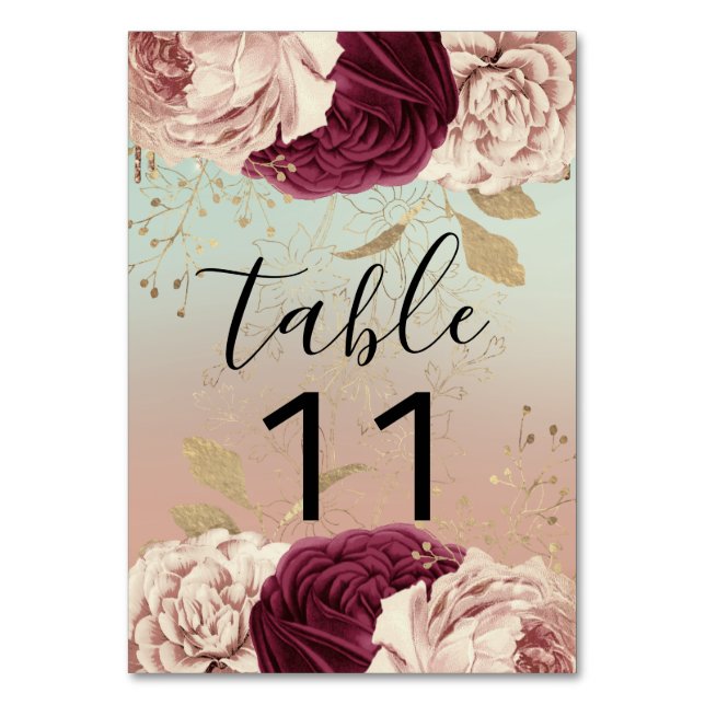 Tarjeta De Mesa Número de tabla Floras rosadas Rosa Gold Marsala A (Reverso)
