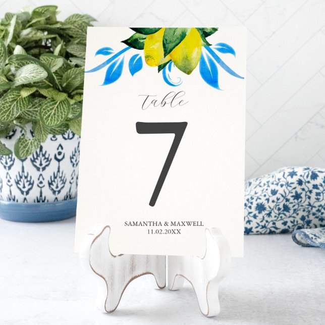 Tarjeta De Mesa Número de tabla Lemons Boda italiano (table number card template botanical blue and yellow lemons watercolor art by Victoria Grigaliunas)