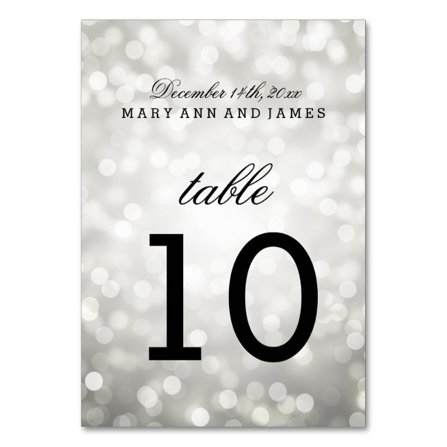 Tarjeta De Mesa Número de tabla Luces de Purpurina plateado (Anverso)