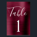 Tarjeta De Mesa Número de tabla metálica de Boda morado de Borgoña<br><div class="desc">Morado de Borgoña - Cranberry Marsala Faux Metallic Relieve metalizado Metalizado Script Moderno y elegante número de mesa . El número de tabla se puede actualizar y cambiar en esta tarjeta de bodas de otoño o otoño. Esta tarjeta de número de tabla forma parte de una colección de bodas coincidente...</div>