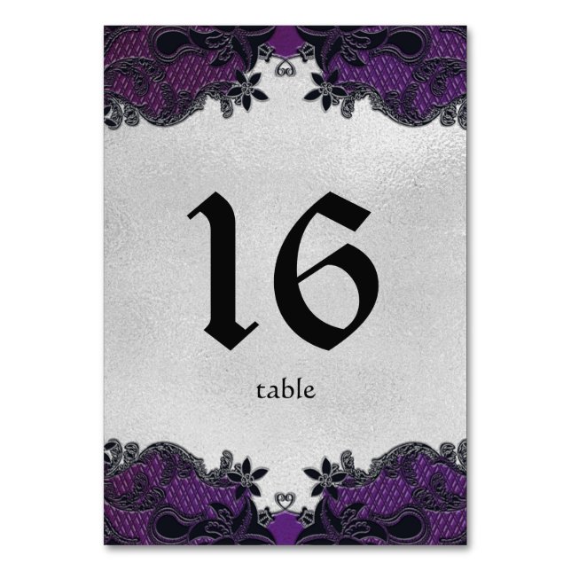 Tarjeta De Mesa Número de tabla morado y floral negra (Anverso)