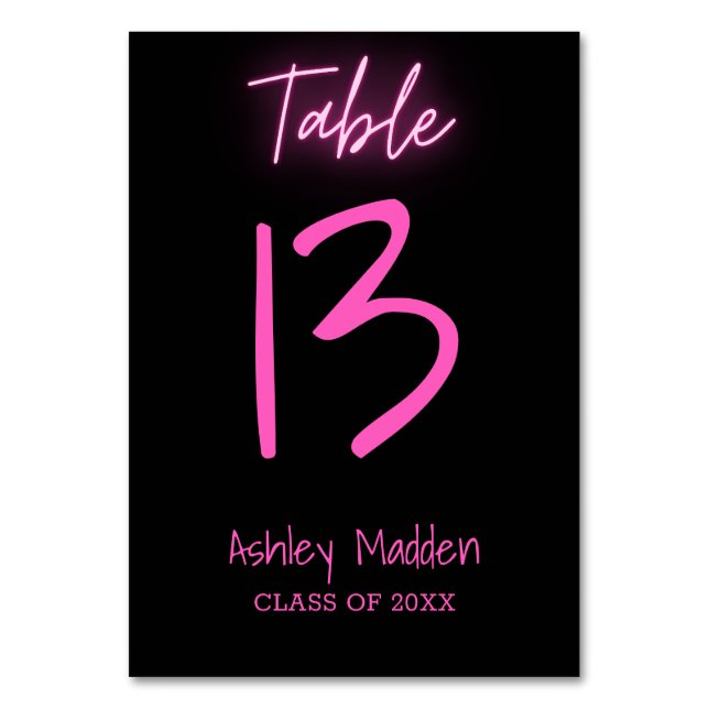 Tarjeta De Mesa Número de tabla Neon Pink Script Graduation Party (Anverso)