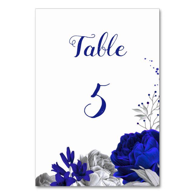 Tarjeta De Mesa número de tabla real de flores azules y plateadas (Anverso)