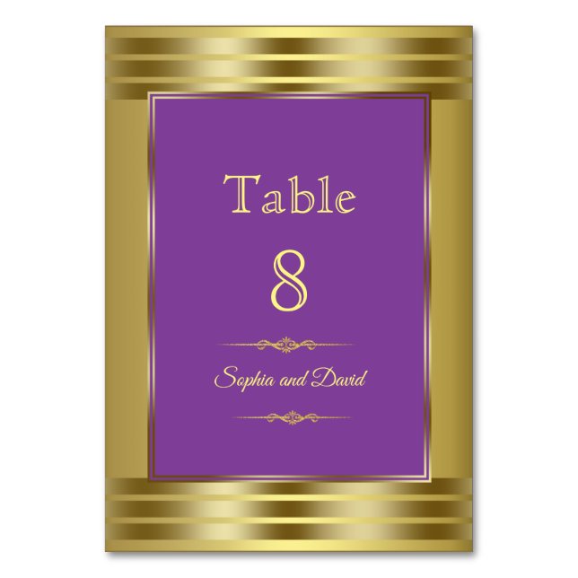 Tarjeta De Mesa Número de tabla real morado y oro Boda (Anverso)
