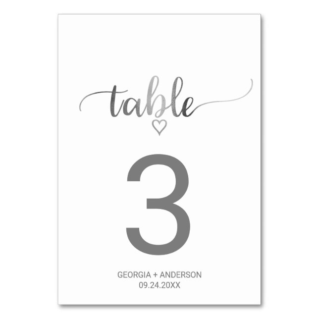 Tarjeta De Mesa Número de tabla simple de caligrafía plateada Boda (Anverso)