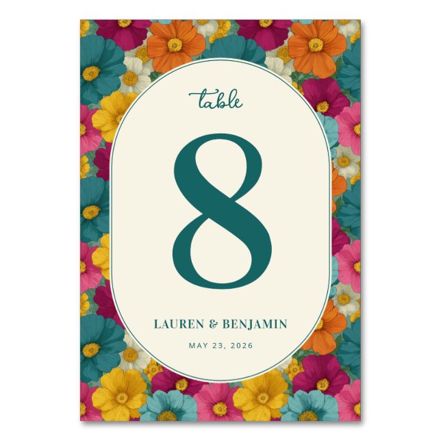 Tarjeta De Mesa Número Floral Turquesa Alegre (Anverso)