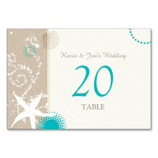 Tarjeta De Mesa Números de la mesa de bodas Aqua Ivory Taupe Beach