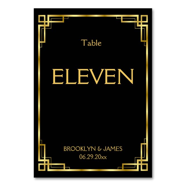 Tarjeta De Mesa Números de tabla Art Deco Negro Y Oro Boda (Anverso)