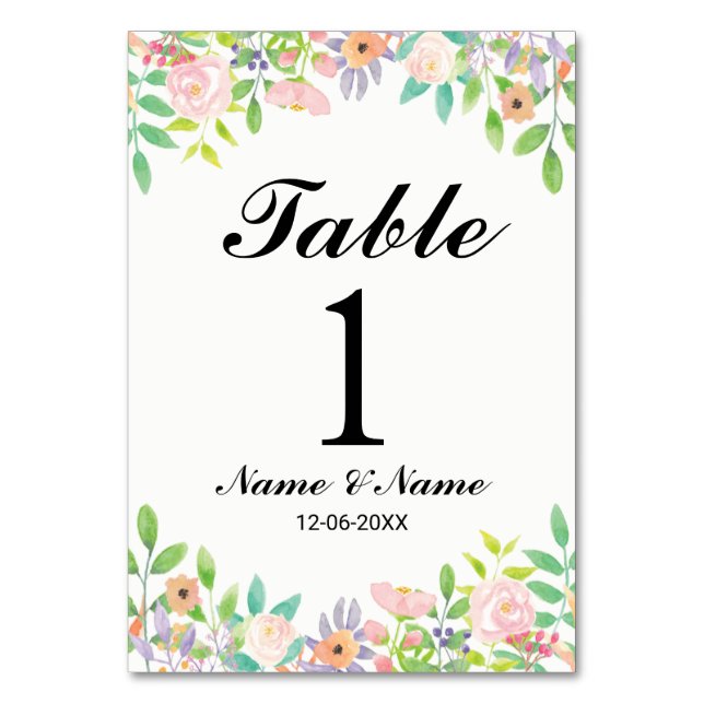 Tarjeta De Mesa Números de tabla Boda acuarela Floral elegante (Anverso)