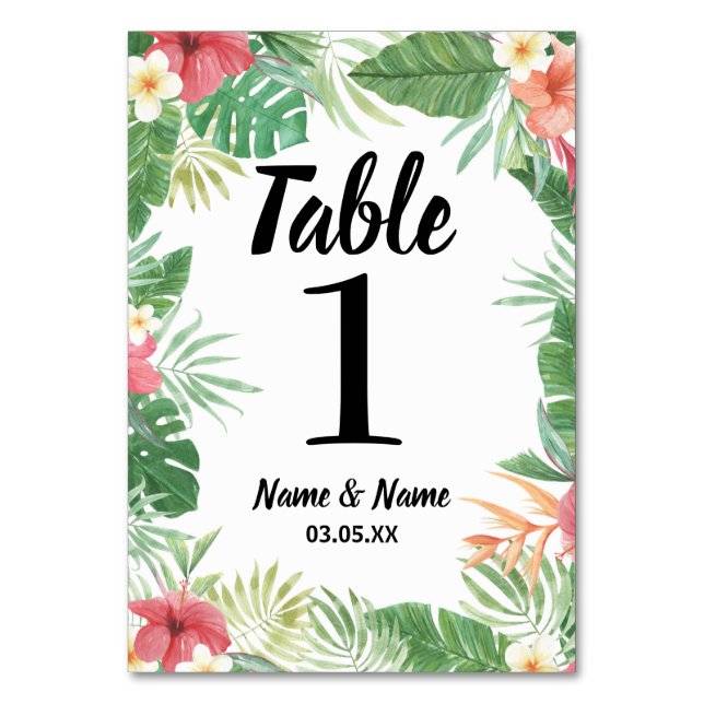 Tarjeta De Mesa Números de tabla Boda Flores de Aloha tropical (Anverso)
