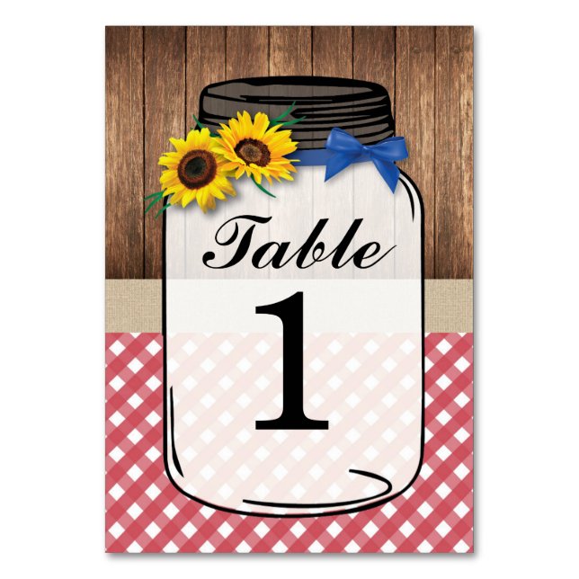 Tarjeta De Mesa Números de tabla Boda Girasol Jar Wood Red Check (Anverso)