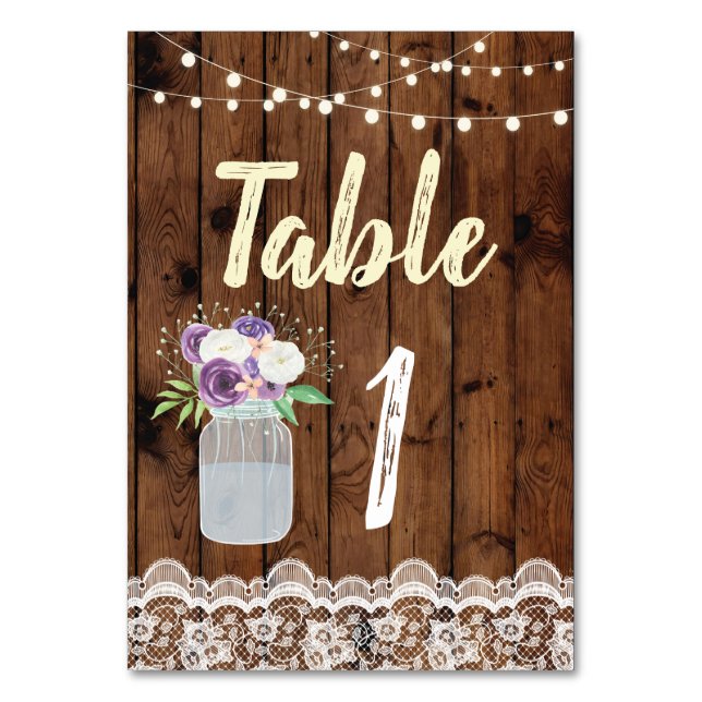 Tarjeta De Mesa Números de tabla Boda Jars Rustic Wood Lace Cards (Anverso)