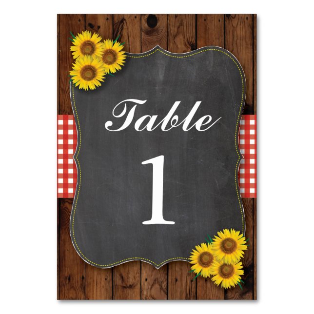 Tarjeta De Mesa Números de tabla Boda Madera Rojo Girasol Rústico (Anverso)