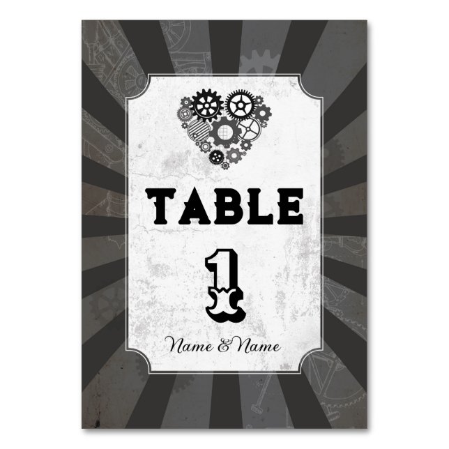 Tarjeta De Mesa Números de tabla Boda Steampunk Boda Hearts Cog (Anverso)