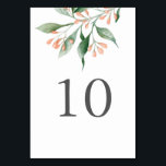 Tarjeta De Mesa Números de tabla botánica simples y elegantes<br><div class="desc">Esta tarjeta numérica, bellamente sencilla y elegante, cuenta con un único brote botánico de hojas acuarelas y cubos de color melocotón. Para personalizar con los números de tabla deseados, edite el número de tabla y añada a su carrito de compras, luego cree la siguiente tarjeta de número de tabla editando...</div>