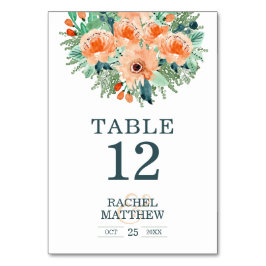 Tarjeta De Mesa Números de tabla de acuarela floral Verde azulada 