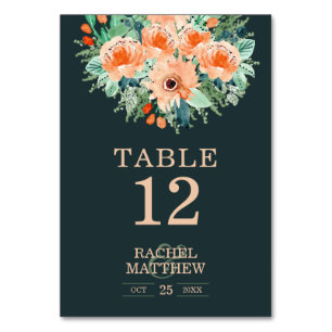 Tarjeta De Mesa Números de tabla de acuarela floral Verde azulada 