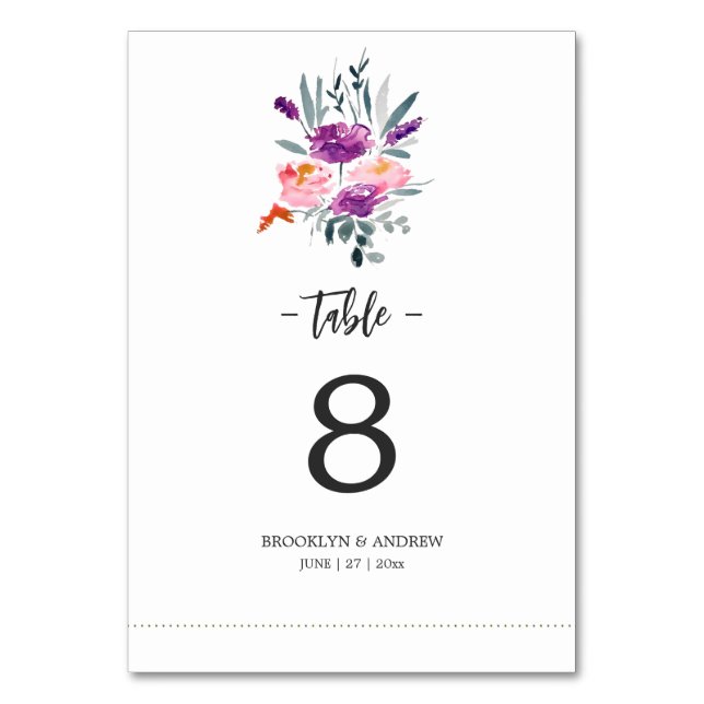Tarjeta De Mesa Números de tabla de Boda de acuarela con flores (Anverso)