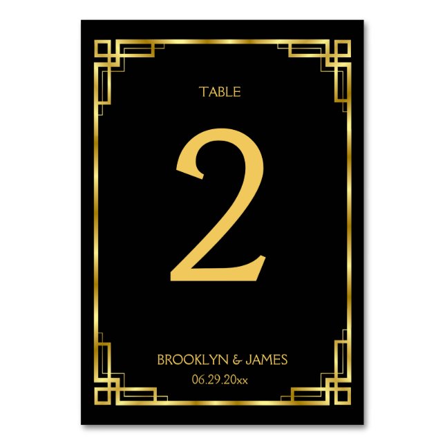 Tarjeta De Mesa Números de tabla de Boda negro Art Deco (Anverso)
