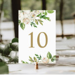 Tarjeta De Mesa Números de tabla de Bodas florales en florines dor<br><div class="desc">Personalizado imprimió tarjetas de número de mesa boda con un hermoso borde floral pintado con acentos de Relieve metalizado verde, blanco y falso dorado para coincidir con nuestra colección de florines dorados. Personalice cada número que necesite y añada cada uno a su carrito individualmente para garantizar una impresión precisa. Utilice...</div>
