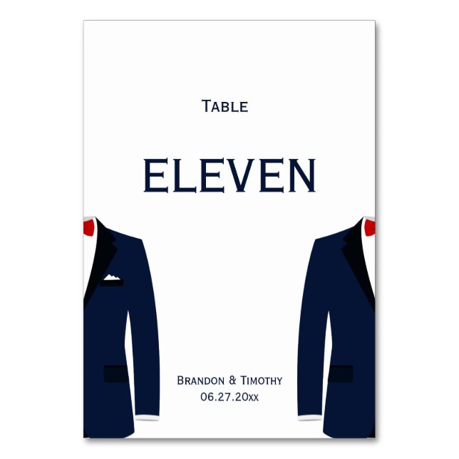 Tarjeta De Mesa Números de tabla de Bodas gays azules y blancos (Anverso)
