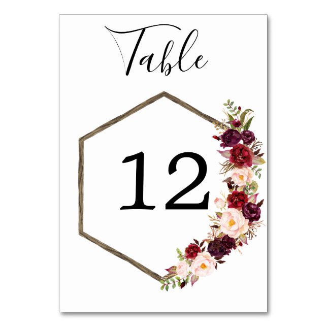 Tarjeta De Mesa Números de tabla de Boho Burgundy Boda (Anverso)