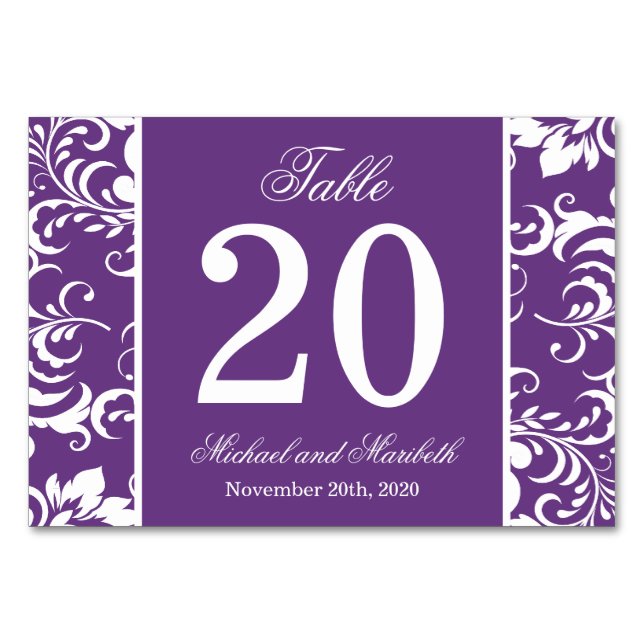 Tarjeta De Mesa Números de tabla de Damask Side (Púrpura / Blanco) (Anverso)
