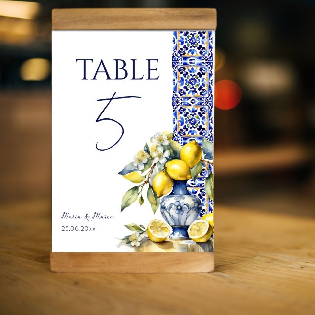 Tarjeta De Mesa Números de tabla de limones azules de Amalfi (Amalfi Italian Mediterranean blue tiles lemons ceramic vase  table numbers personalized tableware)