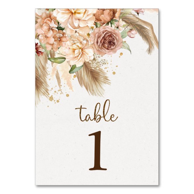 Tarjeta De Mesa Números de tabla de rosas de boho de pasto de Pamp (Anverso)