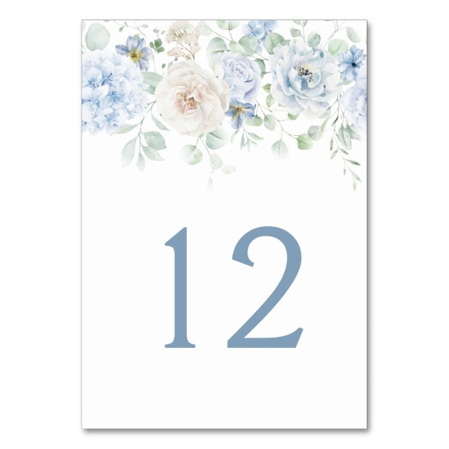 Tarjeta De Mesa Números de tabla floral azul y blanco (Anverso)