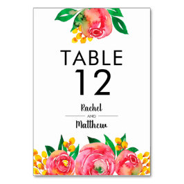 Tarjeta De Mesa Números de tabla floral color de agua rosa y amari