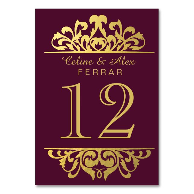 Tarjeta De Mesa Números de tabla florecientes de Relieve metalizad (Anverso)