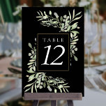 Tarjeta De Mesa Números de tabla negra Boda de verde botánico<br><div class="desc">Con delicadas hojas de acuarela sobre un fondo negro. Diseñado por Thisisnotme©</div>