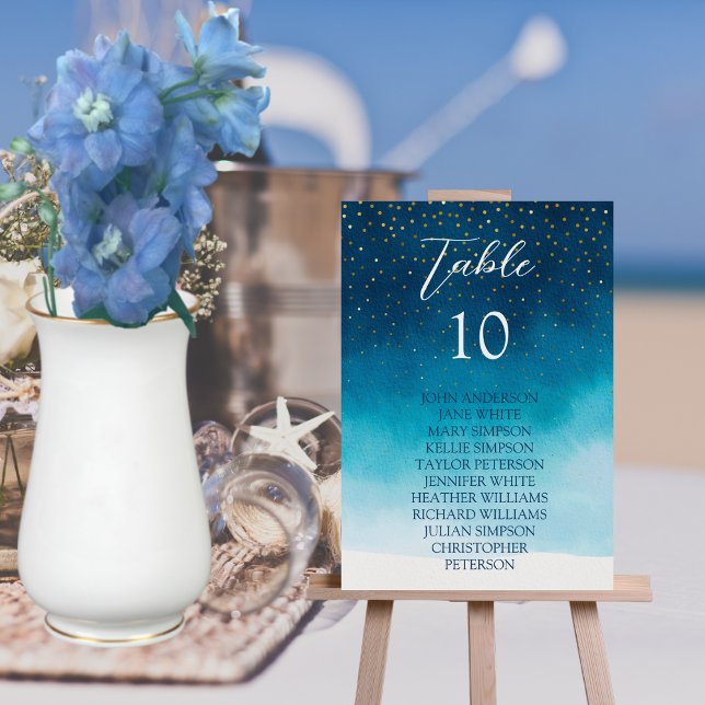 Tarjeta De Mesa Olas De Acuarela Azul Oceánico Con Boda De Monogra (Subido por el creador)