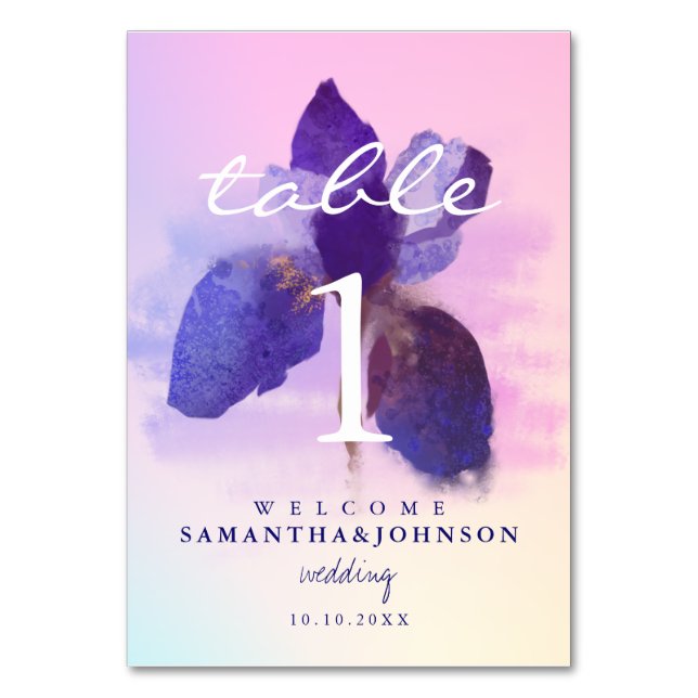 Tarjeta De Mesa Ombre Púrpura Púrpura Acuarela Iris Boda Floral (Anverso)