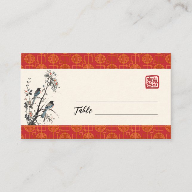 Tarjeta De Mesa Oriental modern red flower bird Chinese wedding  (Anverso)