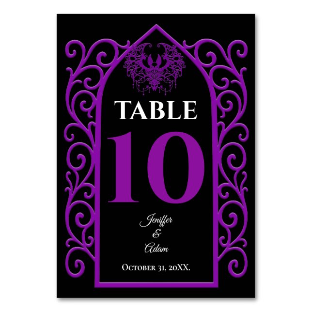 Tarjeta De Mesa Ornate border black and purple Gothic Wedding (Anverso)