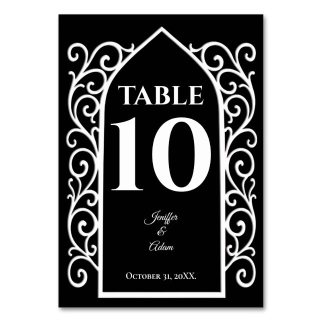 Tarjeta De Mesa Ornate border black and white Gothic Wedding (Anverso)