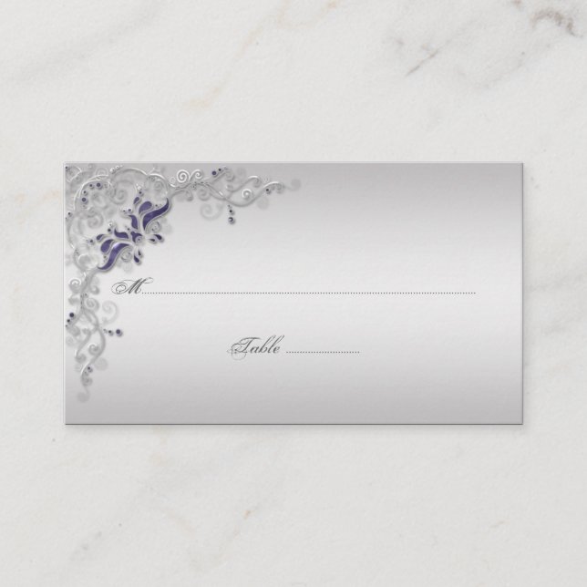 Tarjeta De Mesa Ornate Purple Silver Floral Swirls Place Cards (Anverso)