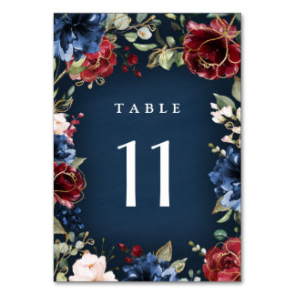 Tarjeta De Mesa Oro azul de la Marina Roja de Borgoña y Boda rosa 