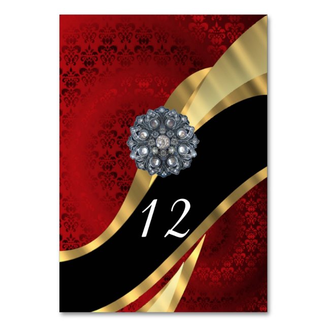 Tarjeta De Mesa Oro rojo y moda negra elegante damasco (Anverso)