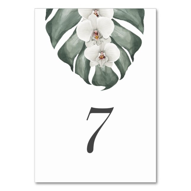 Tarjeta De Mesa Orquídea blanca en Boda tropical de Monstera (Anverso)