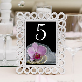 Tarjeta De Mesa Orquídea rosa y perlas en Boda negro