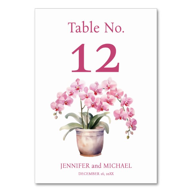 Tarjeta De Mesa Orquídeas rosas acuarela Boda número de tabla (Anverso)