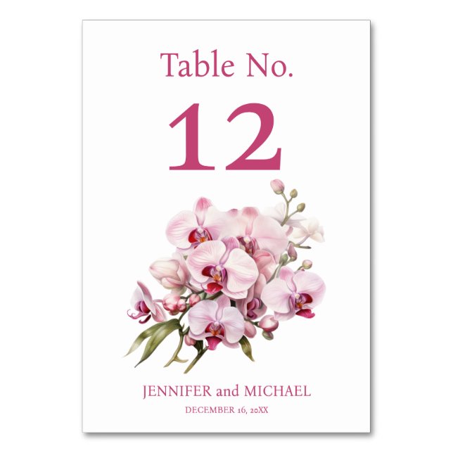 Tarjeta De Mesa Orquídeas rosas acuarela Boda número de tabla (Anverso)