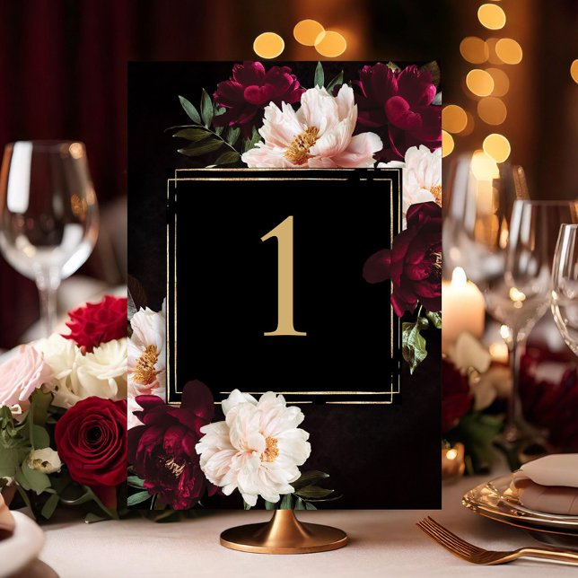Tarjeta De Mesa Oscuro Moody Burgundy Rubor Boda floral negro (Subido por el creador)