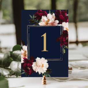 Tarjeta De Mesa Oscuro Moody Burgundy Rubor Navy Boda Floral Azul