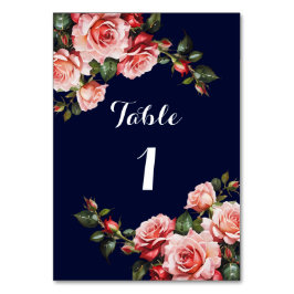 Tarjeta De Mesa Oscuro moody rosa y rosas rojas azul marino boda