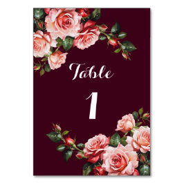 Tarjeta De Mesa Oscuro moody rosa y rosas rojas burdeos boda
