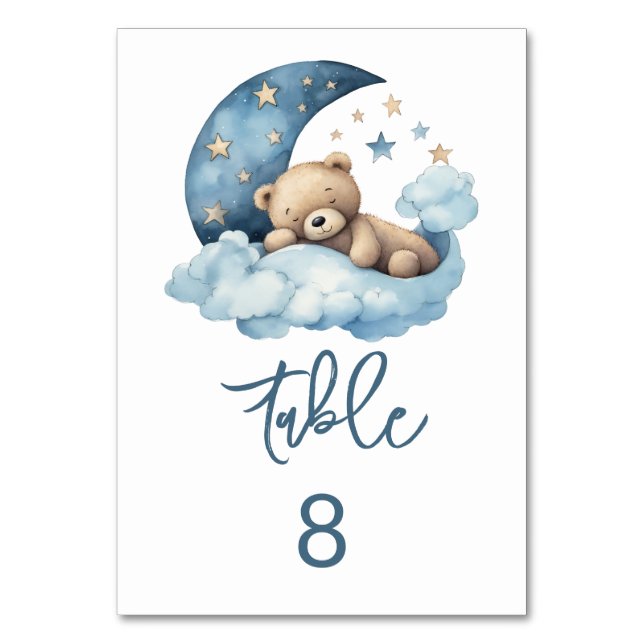 Tarjeta De Mesa Oso de peluche sobre el Baby Shower de la luna (Anverso)